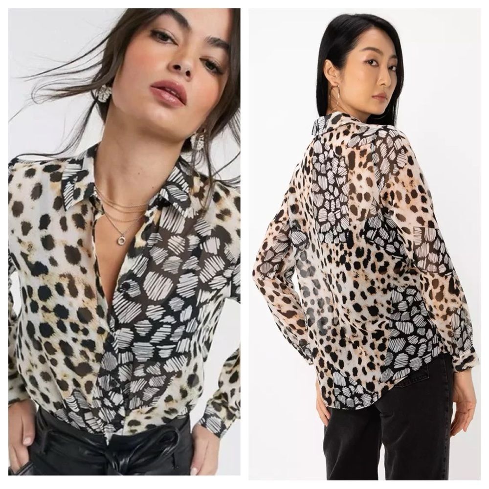 Asos Design long sleeve Mixed Animal semi sheer button down shirt size 8